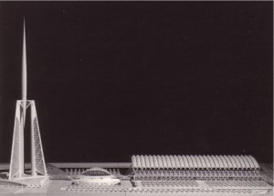 Fotografía de la maqueta en la que se observa, de izquierda a derecha, la Torre de Comunicaciones, el Cine Hemisfèric, y el Museo de las Ciencias.